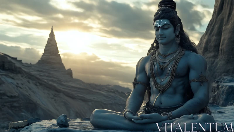 Mountain dawn hums while blue ascetic breathes pure stillness