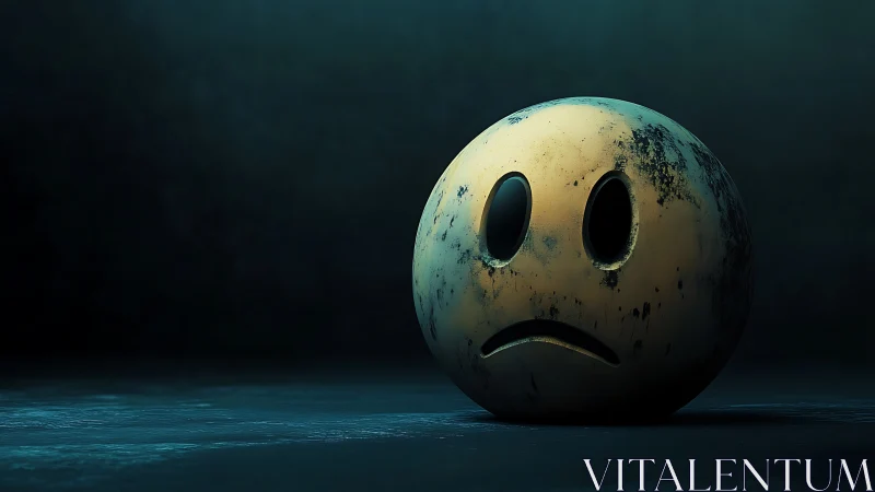 Aged sad-face sphere on dark textured surface.