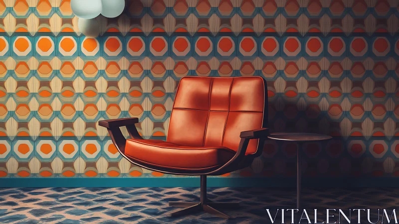 Retro lounge chair against bold geometric wallpaper backdrop.
