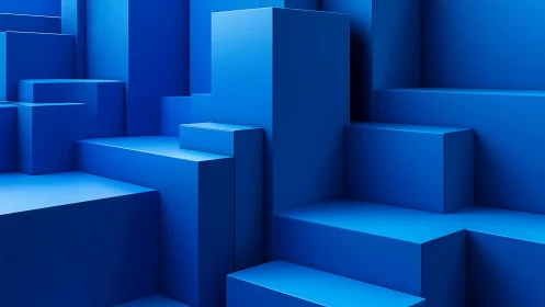 Geometric blue blocks form minimalist 3D abstract steps.
