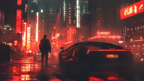 Lone figure studies neon supercar in rain-soaked cyberpunk city