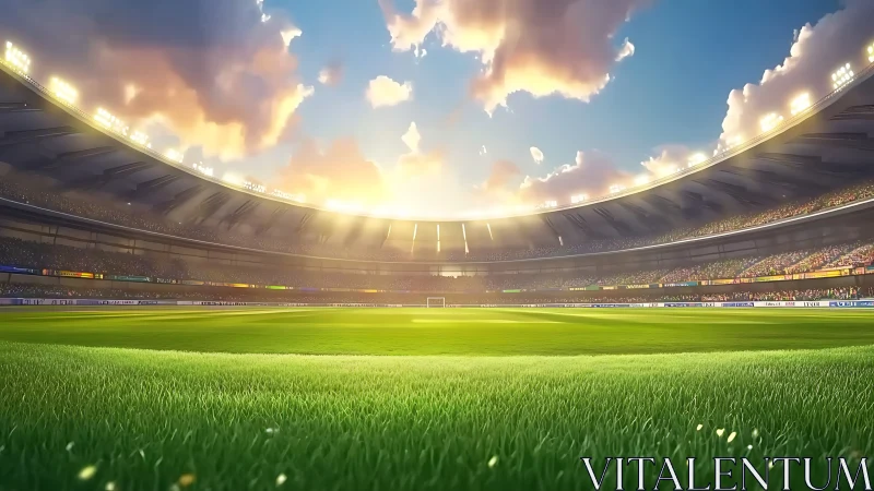 Sunlit football stadium bowl with glowing emerald pitch.