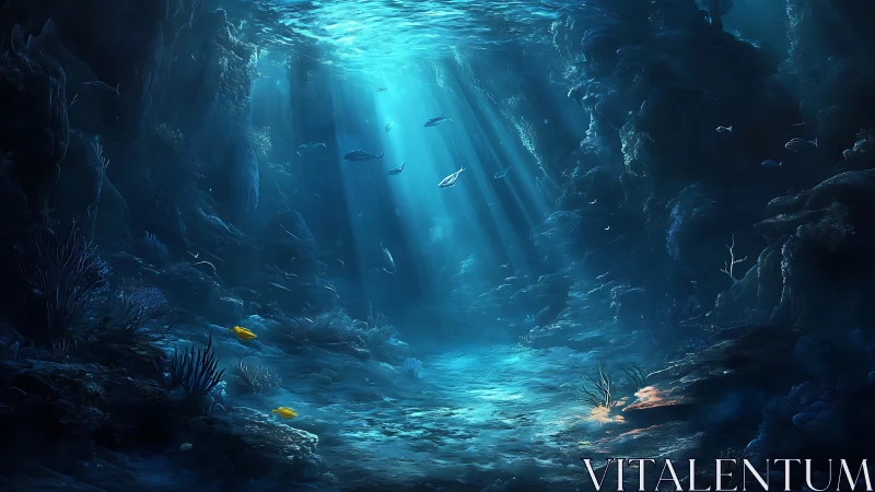 Sunlit underwater cavern with fish and rocky seafloor scene.