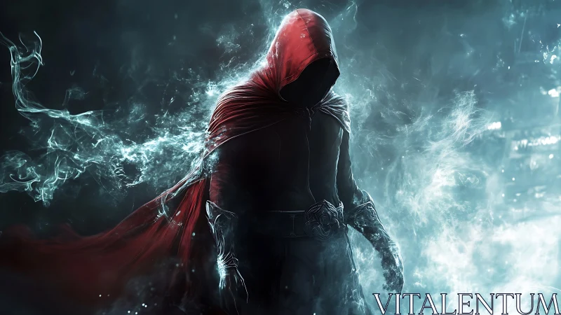 Hooded voidwalker in crimson cloak breaching frostlit ether.