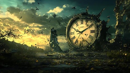 Colossal ruined clock swallowing a storm of drifting time shards.