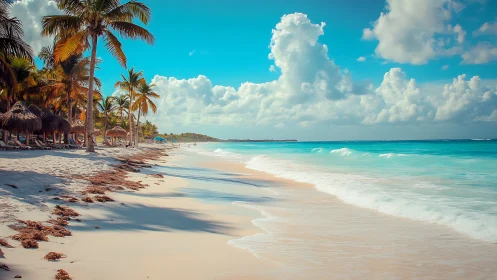 Tropical shoreline with palm trees, white sand and waves.