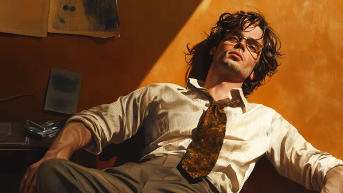 Sunlit office worker reclines in warm afternoon pause.