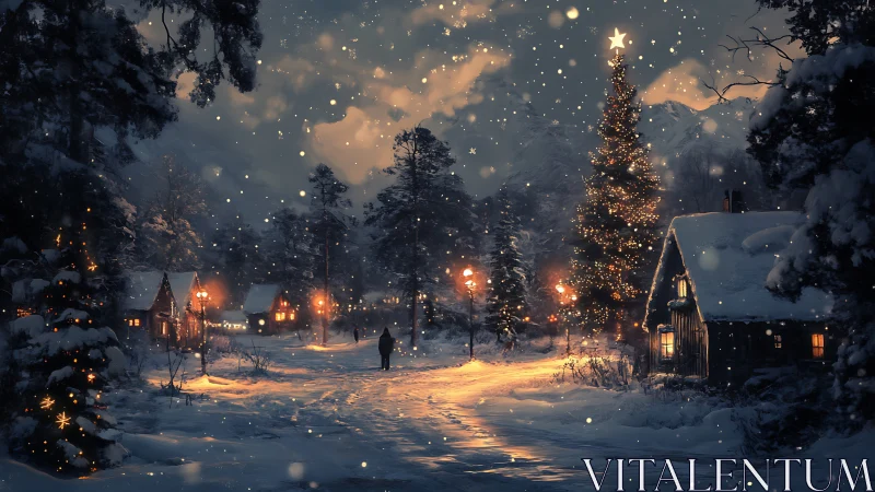 Snowlit cottage lane under a storybook Christmas sky.