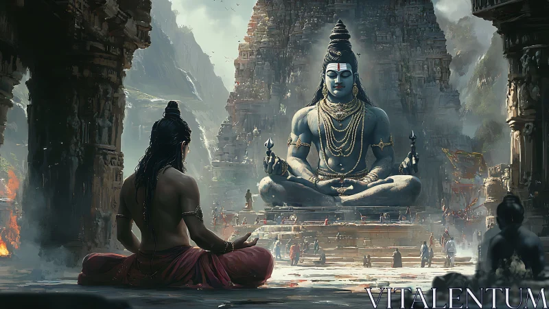 Colossal Shiva statue dominates ancient mountain temple plaza.