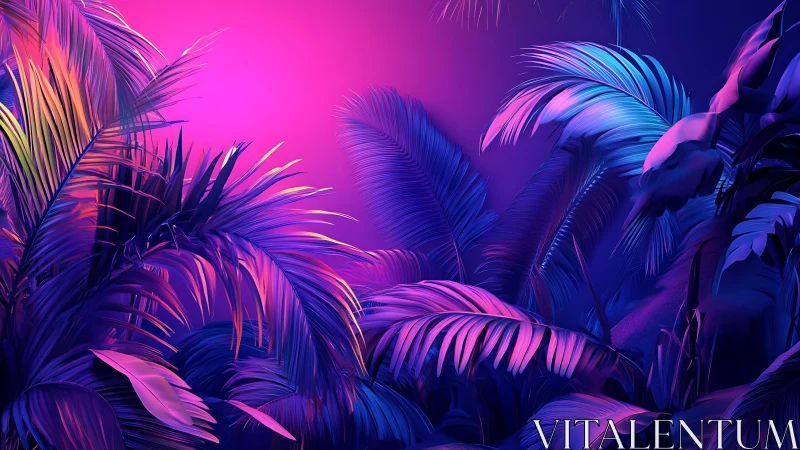 Neon-lit tropical foliage forms layered gradients against sky