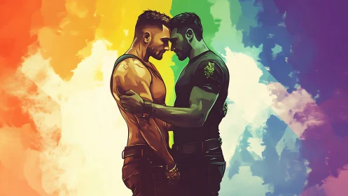 Two men embracing closely against rainbow color backdrop.