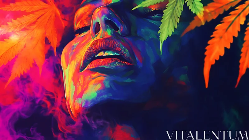 Dreamy neon portrait bathed in glowing leaves and color.