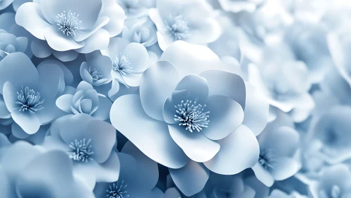 Clustered white flowers with stamen detail, monochromatic blue palette.