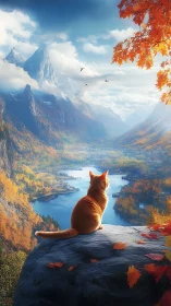 Orange cat overlooking autumn lake and distant mountains.