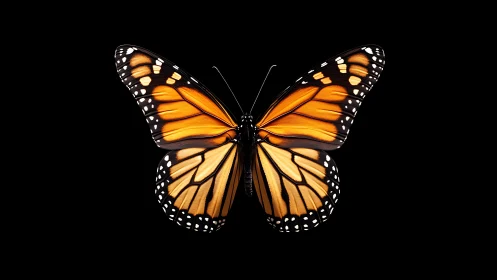 Monarch butterfly wingspan in sharp studio isolation.