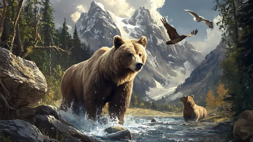 River-soaked grizzly patrols a cathedral of snow-clad peaks