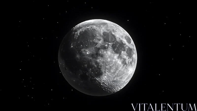 Monochrome lunar surface with craters in star field view.