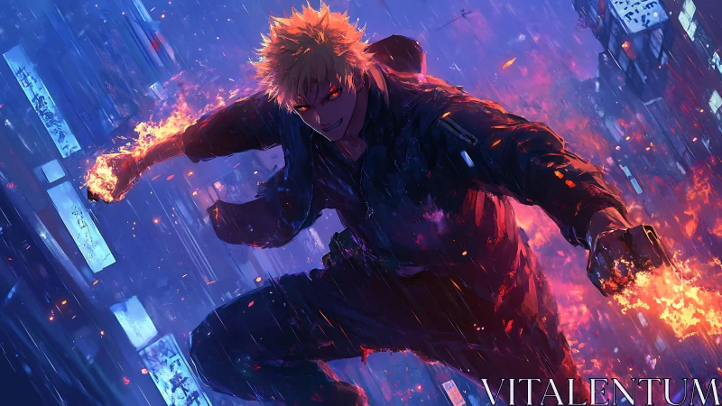 Fire-wielding warrior in rain-soaked neon cityscape at night.