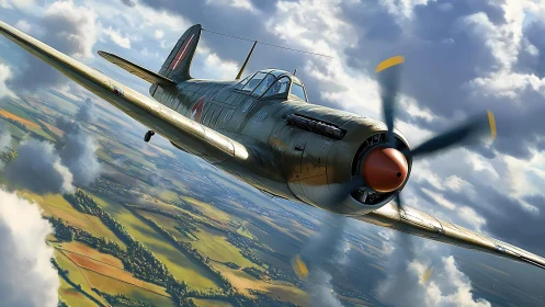 World War II fighter plane flying over rural landscape.