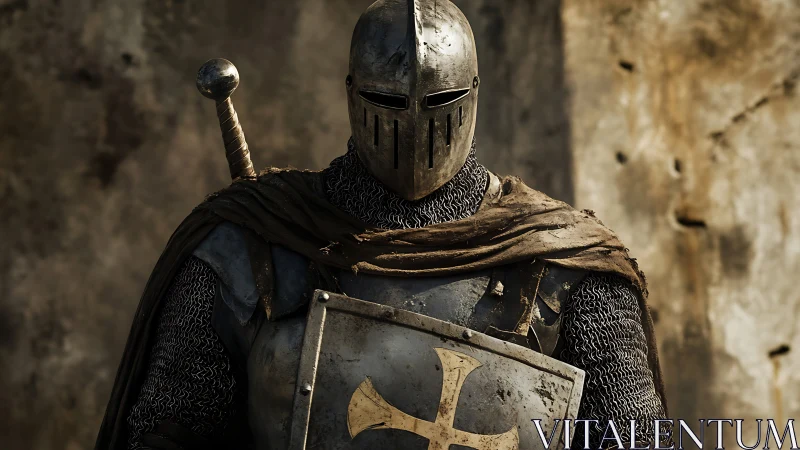 Armored medieval knight with shield and sword outdoors.