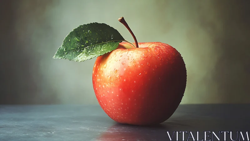 Red apple with leaf on grey surface under soft lighting.
