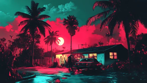 Neon-lit suburban house under vivid tropical night sky.