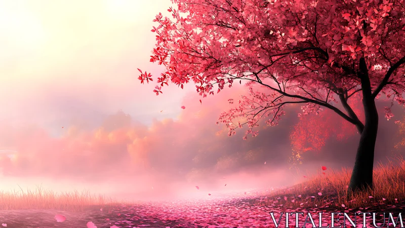 Radiant cherry blossom tree anchors a mist-laden riverside path