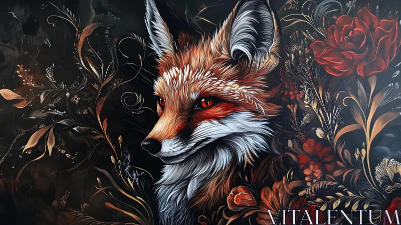 Vivid fox portrait glows amid dark floral swirls and embers