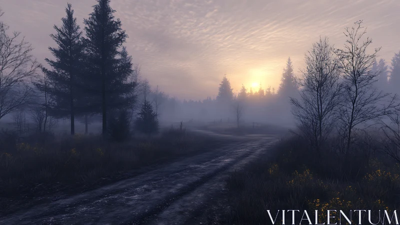 Foggy rural dirt road in conifer woodland at sunrise.
