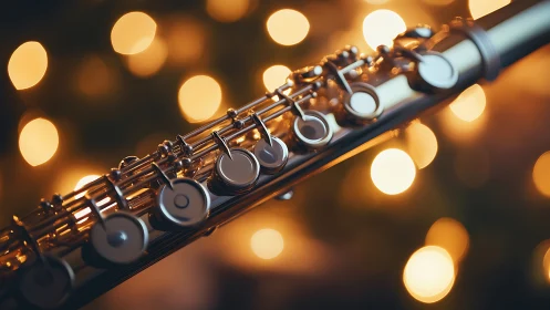 Silver flute gleams against warm golden bokeh lights.