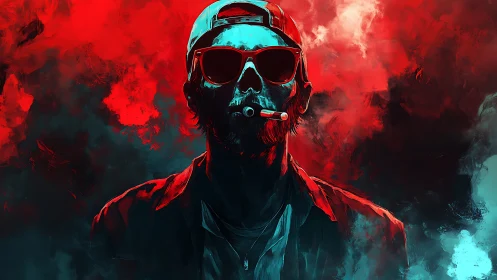 Neon-lit smoker in red and teal vapor haze portrait.