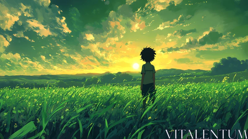 Sun-chasing dreamer stands in wildflower seas at dusk.