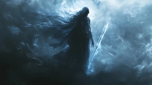 Hooded spectral warrior stands in glacial mist with ethereal blade