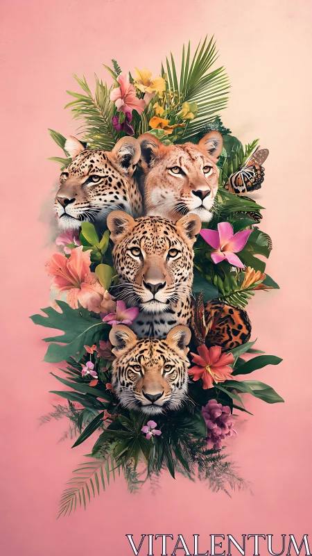 Wild Cats Bloom: Leopard, Lion, Tiger Stacked in Florals.