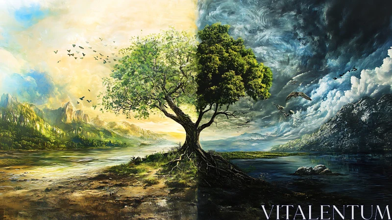 Life-split valley tree holds dawn and storm in one breath.