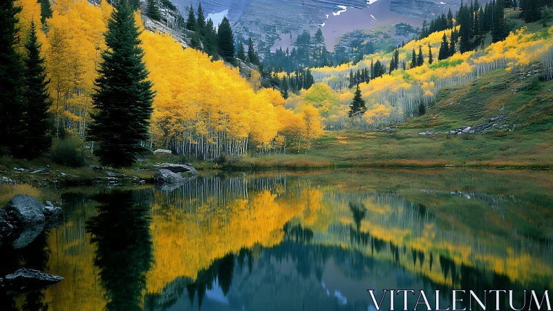 Golden aspens glow around a tranquil alpine lake at dusk