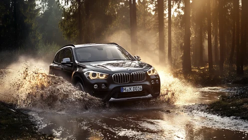 Bold SUV charges through a glowing forest trail at sunrise