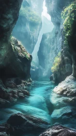 Vertical canyon river with volumetric light and layered depth cues