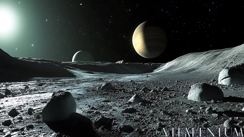 Ringed gas giant above cratered icy moon with hard side light