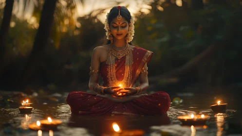 Riverlit meditation with a serene woman in glowing diyas.
