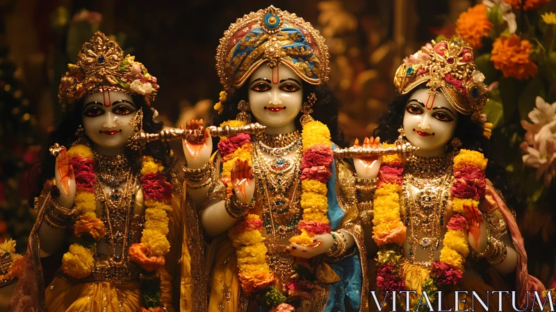 Radiant Krishna deities adorned in flowers and golden light.
