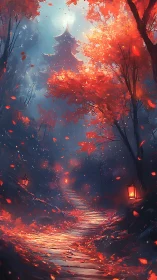 Forest stairway leads toward distant pagoda in diffuse light