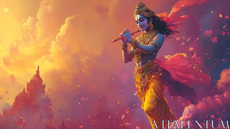 Divine flute player over temple in luminous sunset clouds.