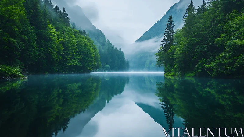 Misty forest lake with mountain reflections at dawn.