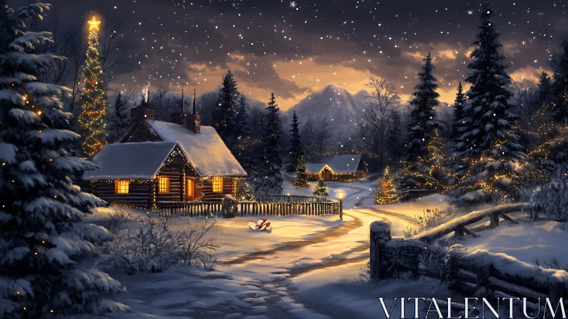 Snowy mountain village glows under warm Christmas lights
