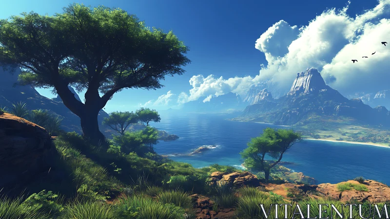Wide-angle coastal vista with stylized trees and mountains