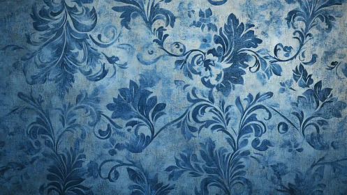 Soft blue floral wallpaper with gently weathered charm.