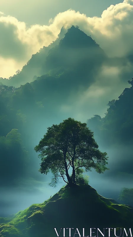 Solitary tree rises through mist above emerald mountain valley