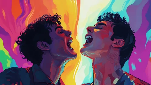 Dual male portraits facing each other in vivid gradients.