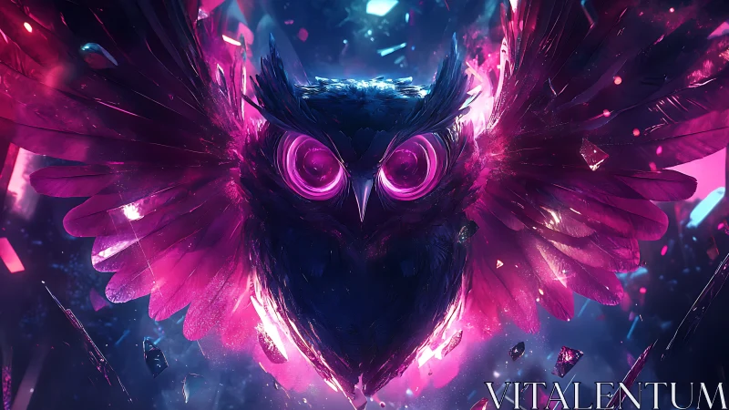 Neon storm owl explodes through shards of electric night.